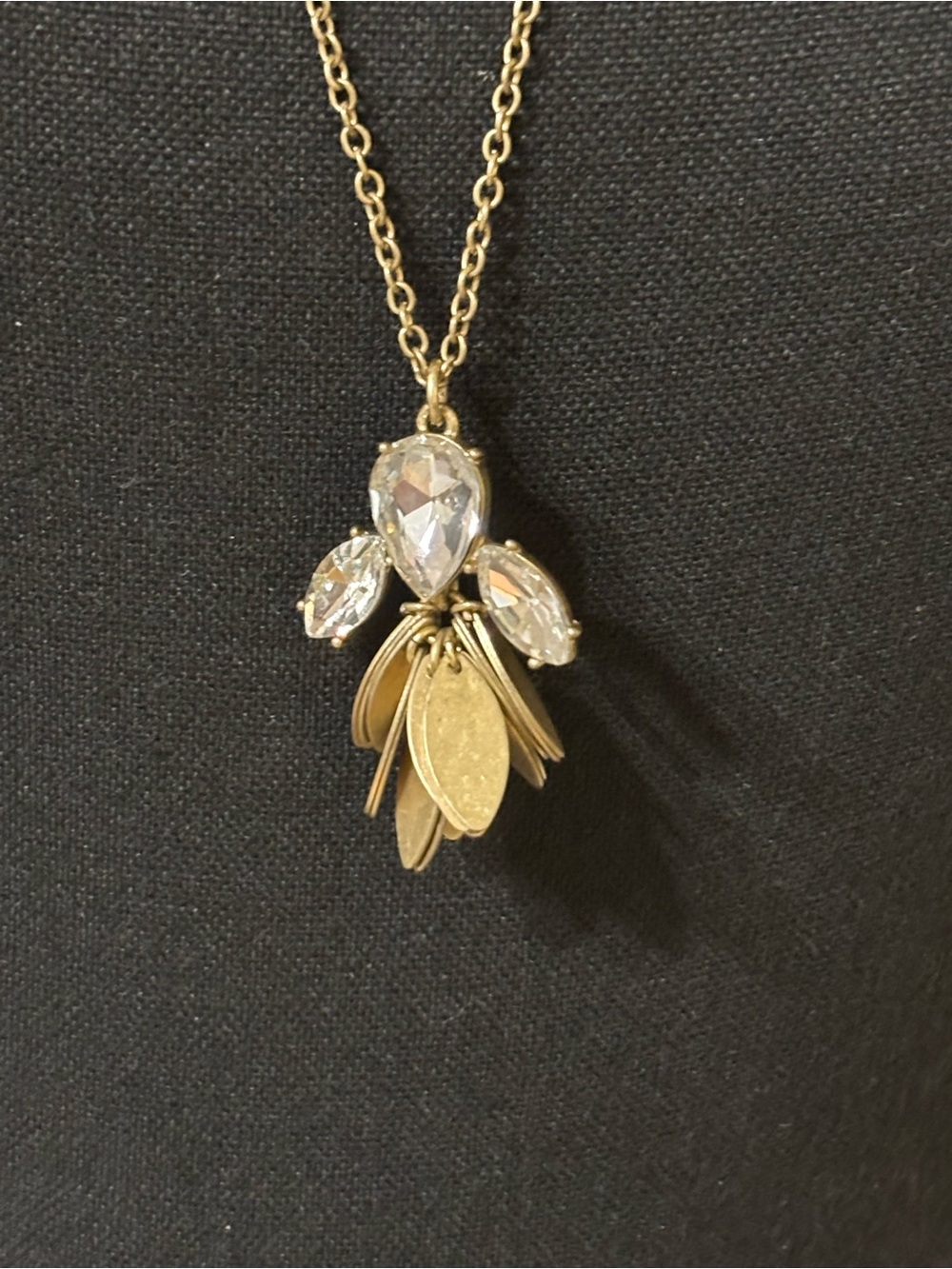 J.Crew Matte Gold Crystal Teardrop Pendant Necklace 30”+2”